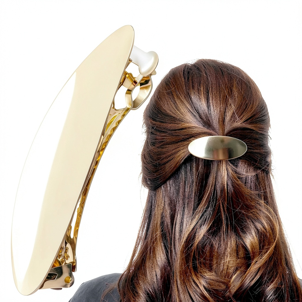 Installing Gold Hair Barrette Vintage Metal Large Hair Clip on a wooden vanity while styling a bridal up‑do