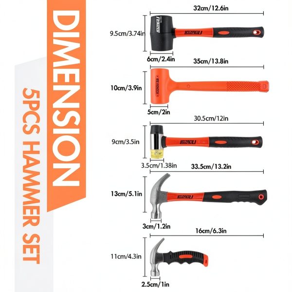 Hammer Set LOZAGU 5 Piece 2 LB Dead Blow and 16oz Claw Hammer Orange-1